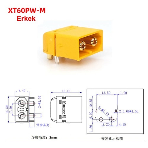 XT60PW%2090%20Derece%20Pcb%20Montaj%20Tip%20Erkek%20Konnektör%20-%20XT60%20Amass